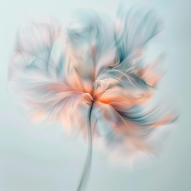 Photo a blurry photo of a swirling flower with a long stem white background soft blue salmon pink and s