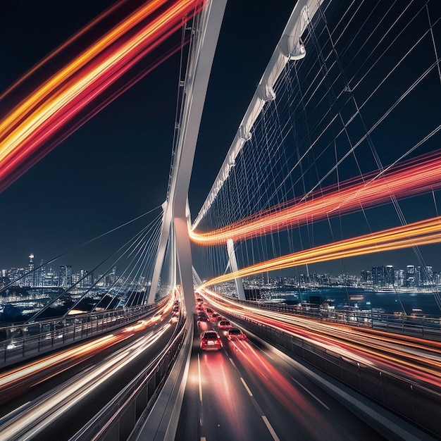 a blurry picture of a bridge with the lights on