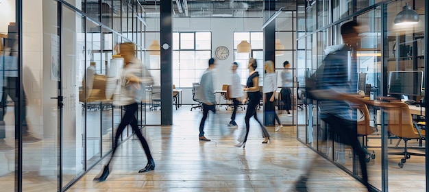 A blurry picture captures people walking in a hallway during an event