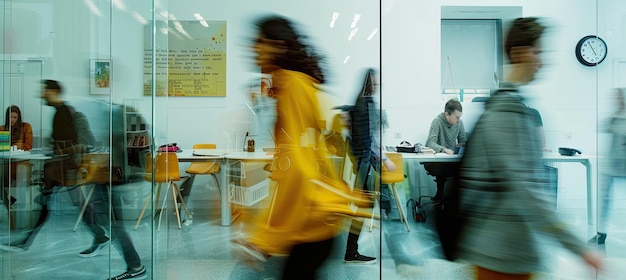 A blurry picture captures people walking in a hallway during an event