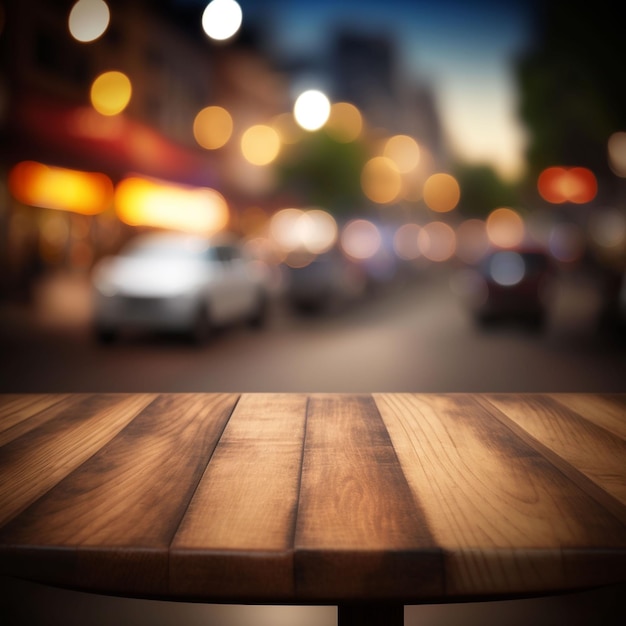 A blurry picture of a street with a wooden table in the foreground and a car in the background.