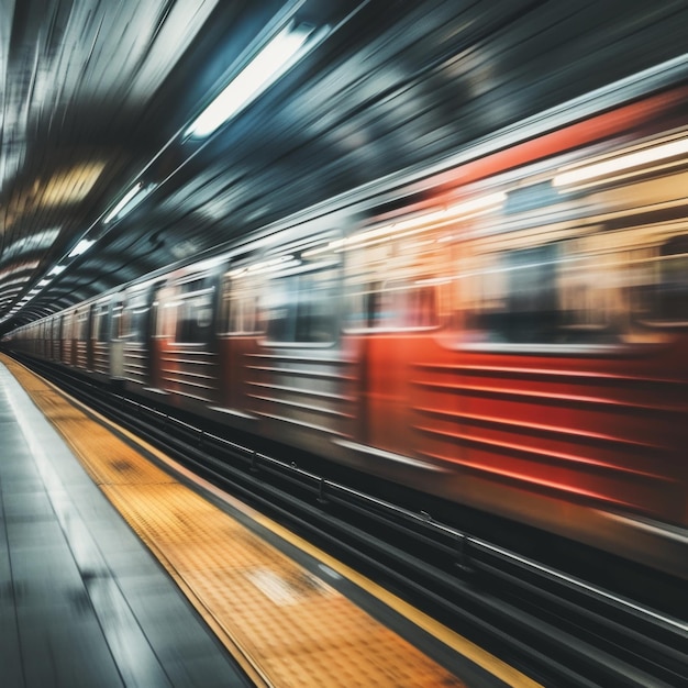 a blurry picture of a subway train going down the tracks