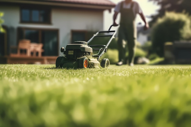 Blurry picture of a worker mowing the lawn and using the grasscutting machine