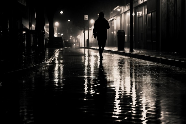 Blurry shadow and silhouette of a man standing in the night on wet city street sidewalk with water