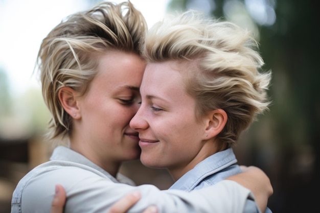 Blurry shot of a lesbian couple embracing one another created with generative ai