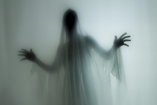 Photo the blurry silhouette of the ghostly figure against white background hands reaching out from behind