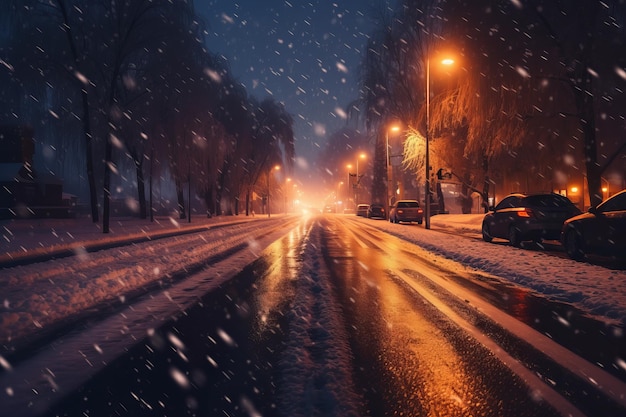 Blurry snow road night Generate Ai