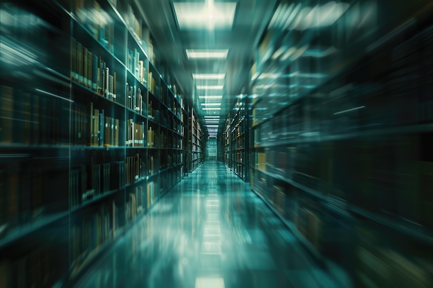 blurry symmetry photo of book shelf in library taken from the walkway