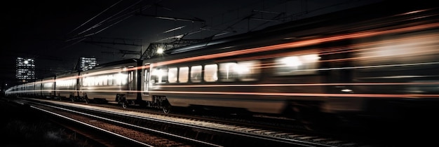 A blurry train is passing by a building with lights on.