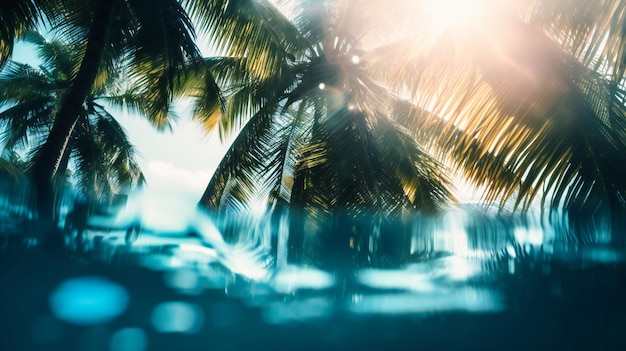 A blurry view of a tropical sun and palm tree