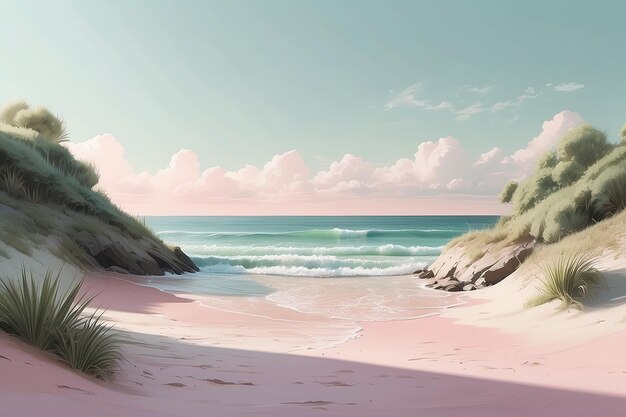 Blush Pink and Light Green Beach Scene