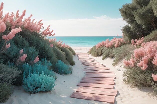 Photo blush pink and teal beach pathway