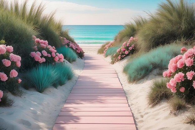 Photo blush pink and teal beach pathway