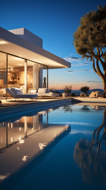 BModern minimalist villa with pool and sunset in the background