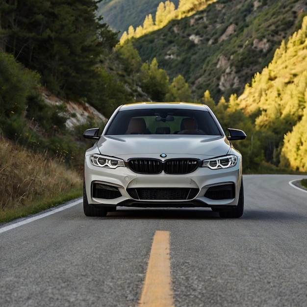 a bmw bmw is driving down a road with the words bmw on the front