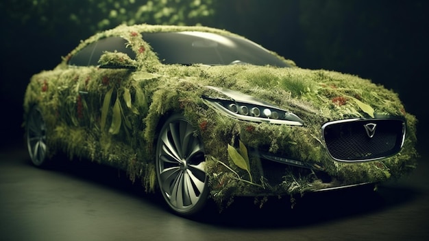 Bmw is covered with moss and the word bmw is on the car.