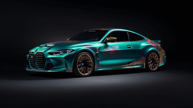 A bmw m88 coupe is shown in a dark room.