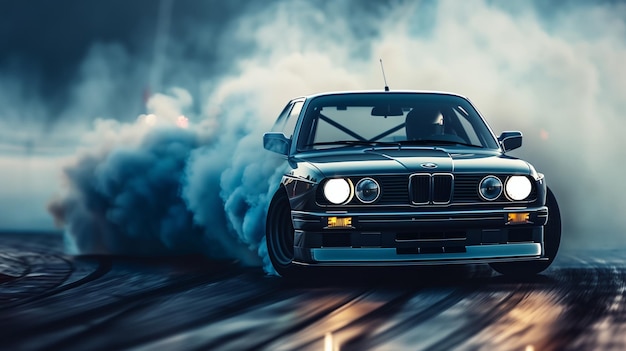 Photo bmw turbo drifting in blue smoke at a race ring afternoon