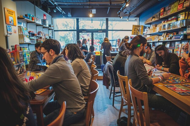 A board game cafe with patrons playing modern tech generative ai