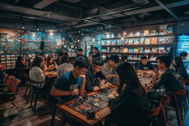 A board game cafe with patrons playing modern tech generative ai