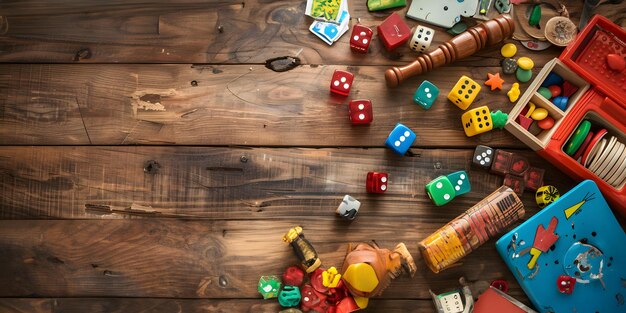 Board games arranged on wooden table