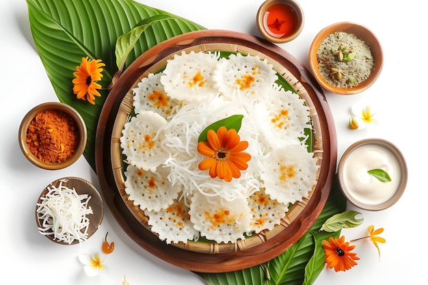 Photo board and plate of tasty idiyappam with on white background