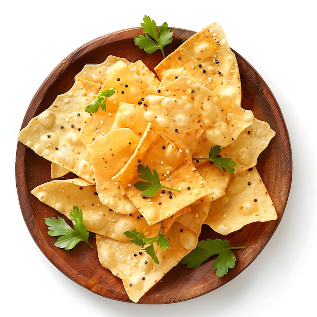 Board and plate of tasty Papad with on white background