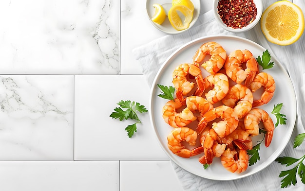 Photo board and plate of tasty shrimp with on white background