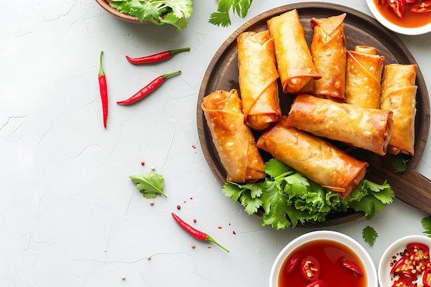 Photo board and plate of tasty spring rolls with on white background