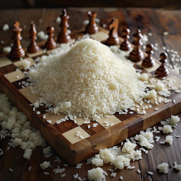 Photo a board of rice with a wooden board with the pieces of garlic on it