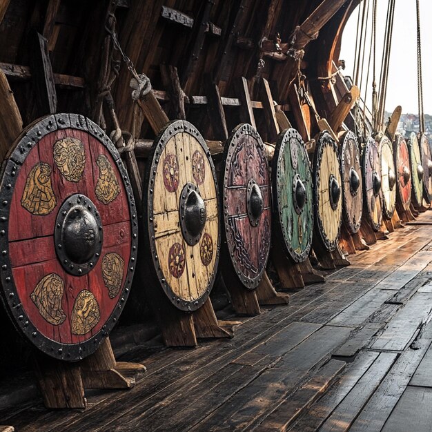 Board a Viking longships deck adorned with shields bearing clan insignias