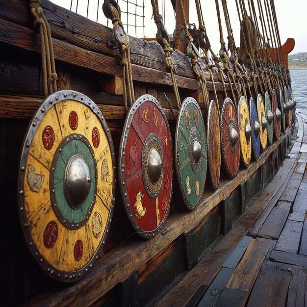 Board a Viking longships deck adorned with shields bearing clan insignias