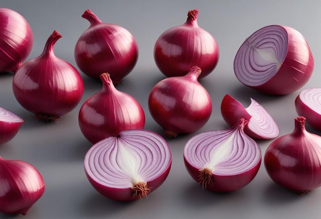 Photo a board with a bunch of red onions on it