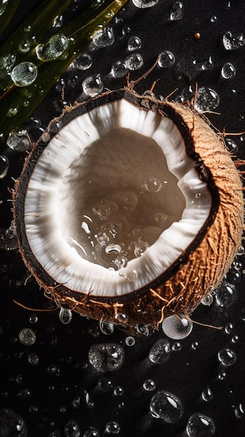 Board with fresh coconut close up view drops water Generative AI