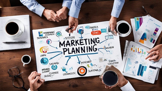 a board with a graphic of people holding a sign that says marketing plan plan planing