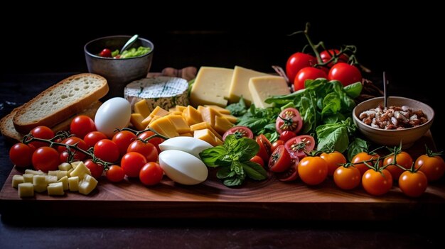 A board with many ingredients including eggs