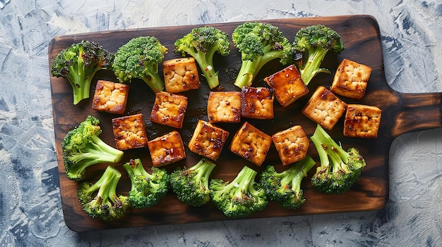 Photo board with marinated tofu and steamed vegetables