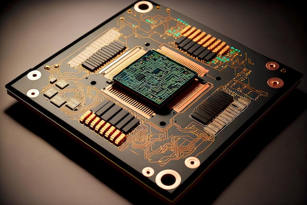 Board with microchips circuits and nanoelectronics wafer semiconductor manufacturing