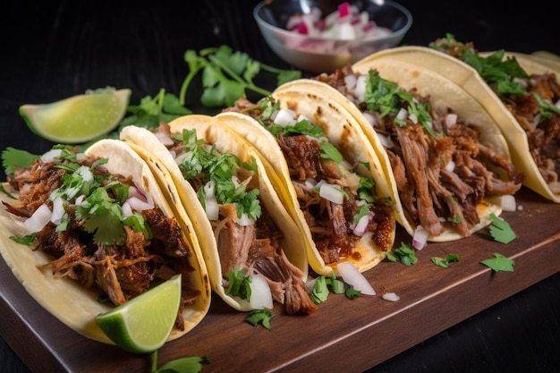 A board with several tacos on it, including beef, pork, and limes.