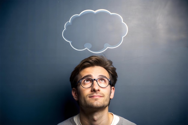 Photo on the board next to the young man with glasses there is a cloud drawn for recording his thoughts