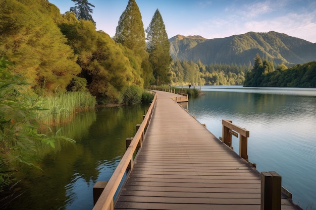 Boardwalk along lake with view of tranquil waters and majestic scenery