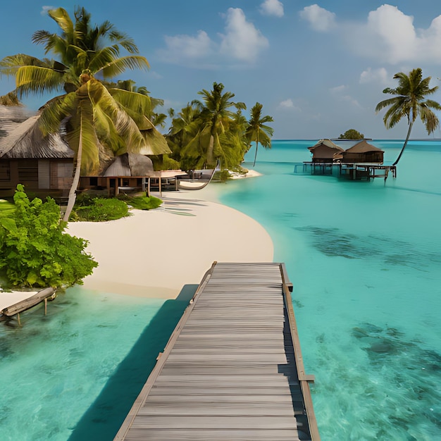 a boardwalk leads to a beach that has palm trees on it