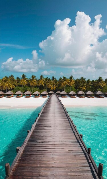 a boardwalk leads to a beach with palm trees on the horizon