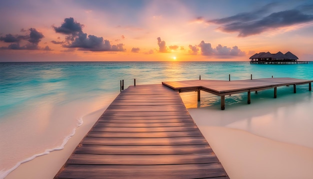 a boardwalk leads to a beautiful sunset on a tropical beach