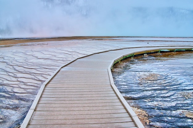 Boardwalk over small terraces with trickling waters in yellowstone