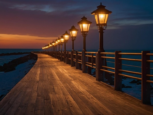 a boardwalk with lights on it and a bridge with the ocean in the background