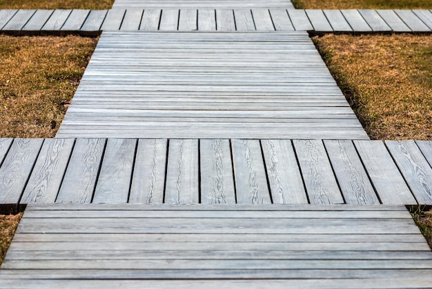 Boardwalk of wooden planks in public park made to protect ecosystem