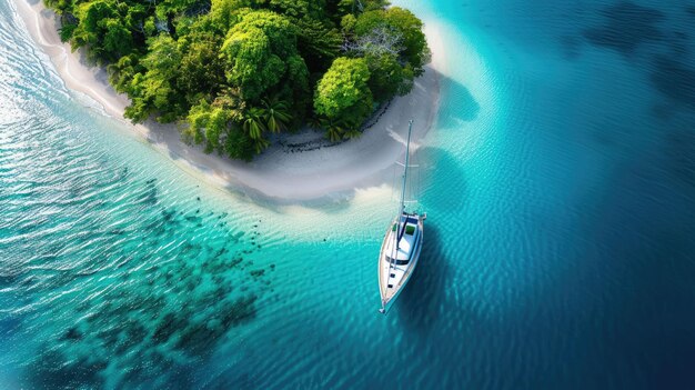 Boat on azure water near coastal landscape viewed from above AIG50