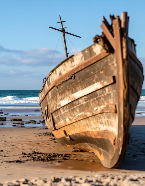 a boat on the beach has the word  old  on the side