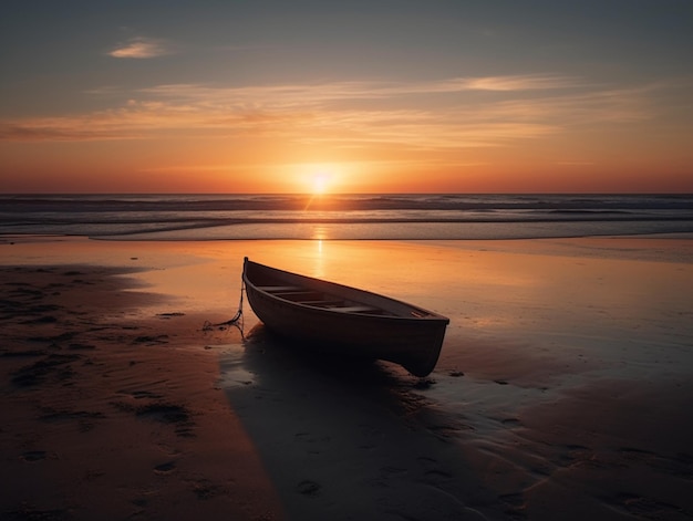 A boat on the beach at sunset with the sun setting behind it.